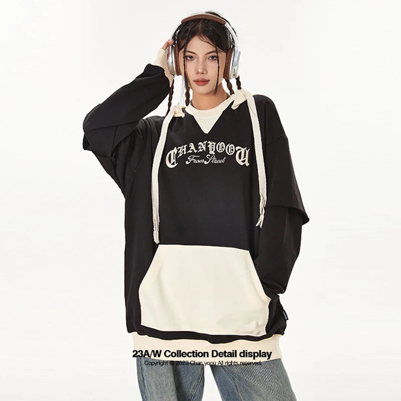 2023 Autumn Color Patchwork Hoodie Men Hip Hop Streetwear Letter Embroidered Sweatshirt Y2K Unisex Harajuku Couple's Pullover Street King Limited