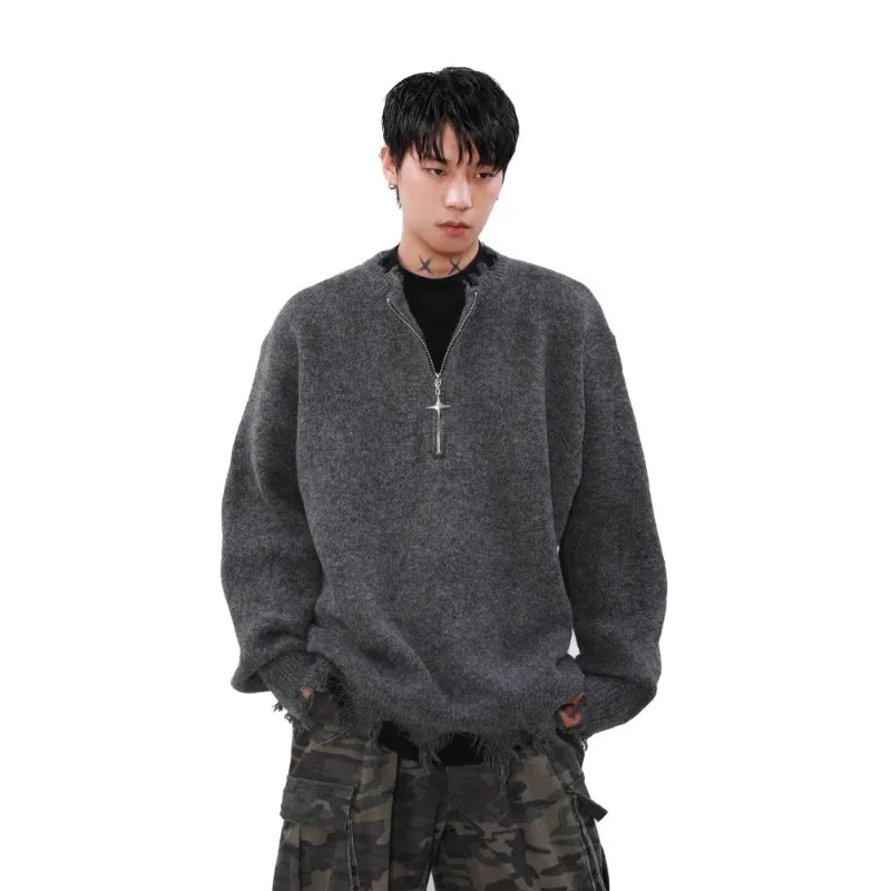 American High Street Mens Sweater 2024 New Autumn Half Zipper Fashion Knitted Tops Damaged Hip-hop Irregular Hem Pullover Street King Limited
