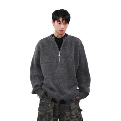 American High Street Mens Sweater 2024 New Autumn Half Zipper Fashion Knitted Tops Damaged Hip-hop Irregular Hem Pullover Street King Limited