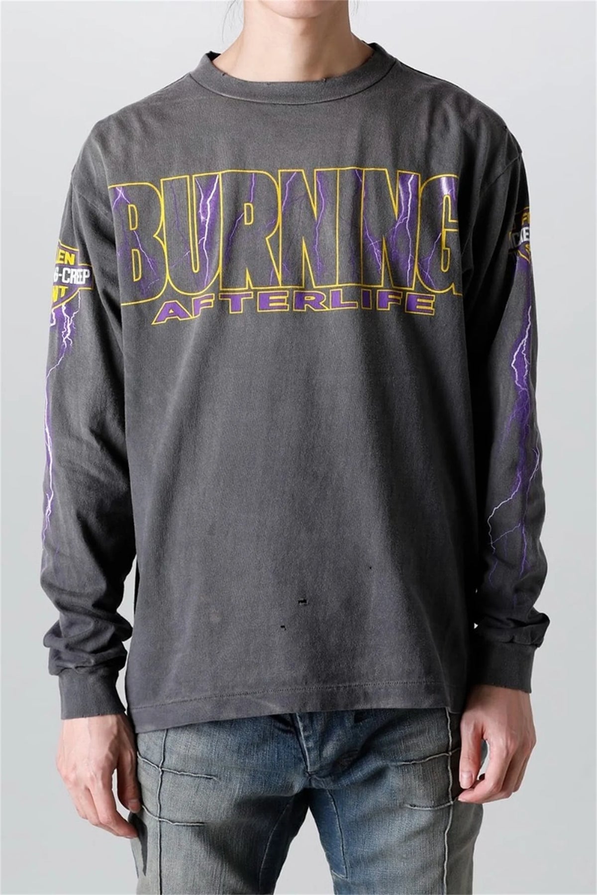 2024 Summer Retro Vintage EVILSPIRIT Thunder Print Washed Old High-Street Cotton Loose Long Sleeve T-Shirt Pullover  For Men Street King Limited