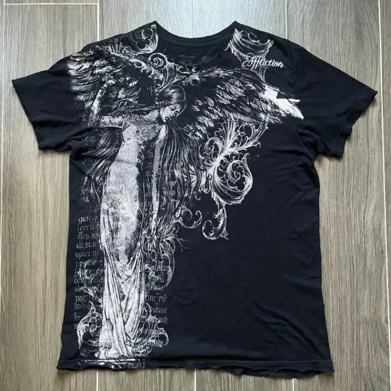 American Fashion Pattern Print Summer Cotton T-shirt Men Y2K New Street Hip Hop Retro Spot Short Sleeved Couples Casual T-shirt Street King Limited