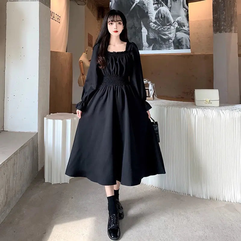 Black Elegant Dress Women Vintage Long Sleeve Spring Autumn Dresses Square Collar Oversize Loose Casual Robe Streetwear Street King Limited