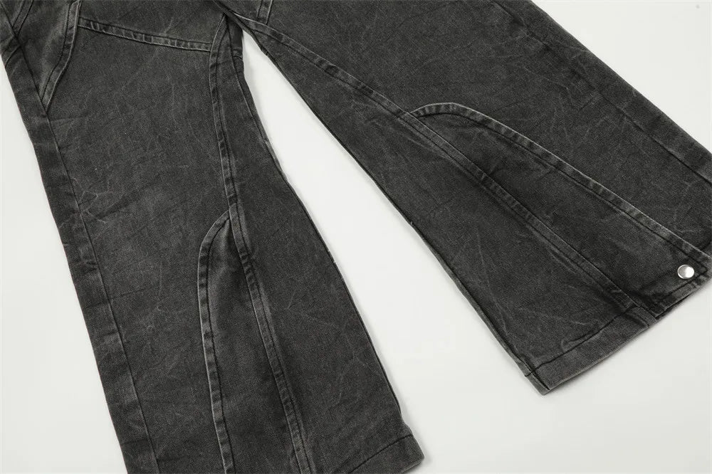 american high street vibe fashion splice jeans mens belt loose casual vintage wide leg straight denim baggy jeans pants trouser unique jeans style 1376