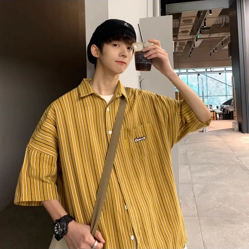 Streetwear Summer Mens Vintage Striped Shirts Letter Print Short Sleeve Casual T 2024 Summer Mens Vintage Striped Shirts Letter Print Short Sleeve Casual T Shirt Clothing Y2K Streetwear Loose Social Camisas Fashion Sweater Jacket With Graphic Design For Men