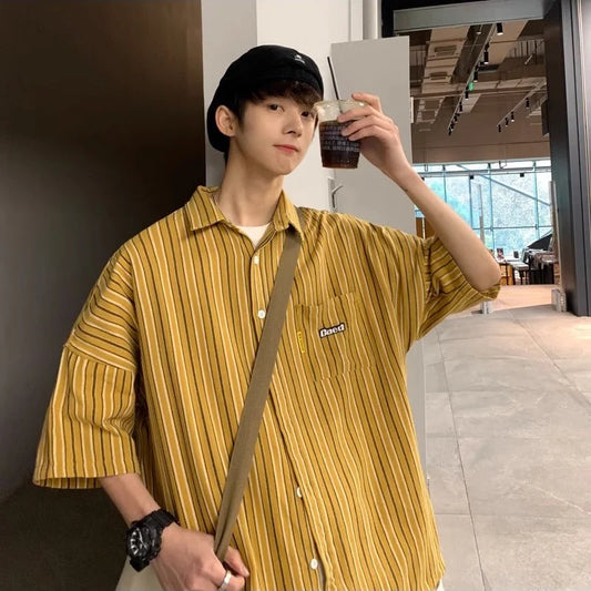 Streetwear Summer Mens Vintage Striped Shirts Letter Print Short Sleeve Casual T 2024 Summer Mens Vintage Striped Shirts Letter Print Short Sleeve Casual T Shirt Clothing Y2K Streetwear Loose Social Camisas Fashion Sweater Jacket With Graphic Design For Men