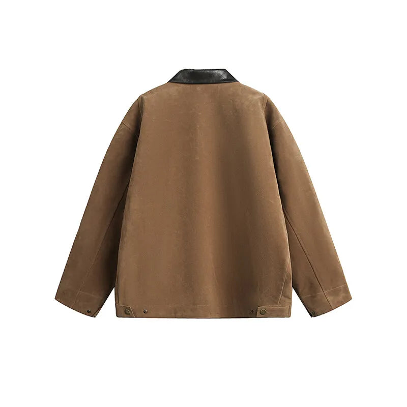 2025 american streetwear retro leather collar bomber jacket men loose casual fashion short cargo jacket spring autumn coat unique cargo style 441