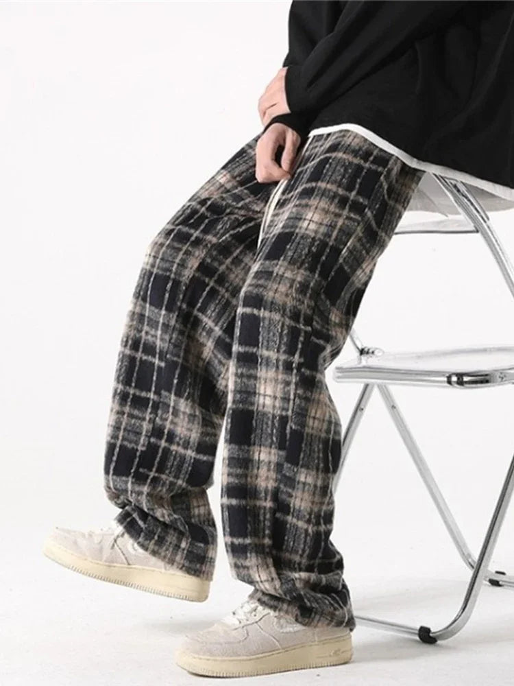 new mens y2k plaid casual baggy trousers autumn korean fashion straight woolen pants y2k vintage streetwear pantalones hombre unique default style 420
