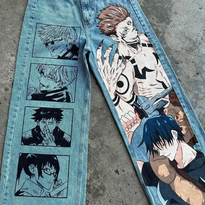 Harajuku fashion mens women’s jeans lightning graphic wide leg jean streetwear y2k denim cuples high waist pants men clothing Street King Limited