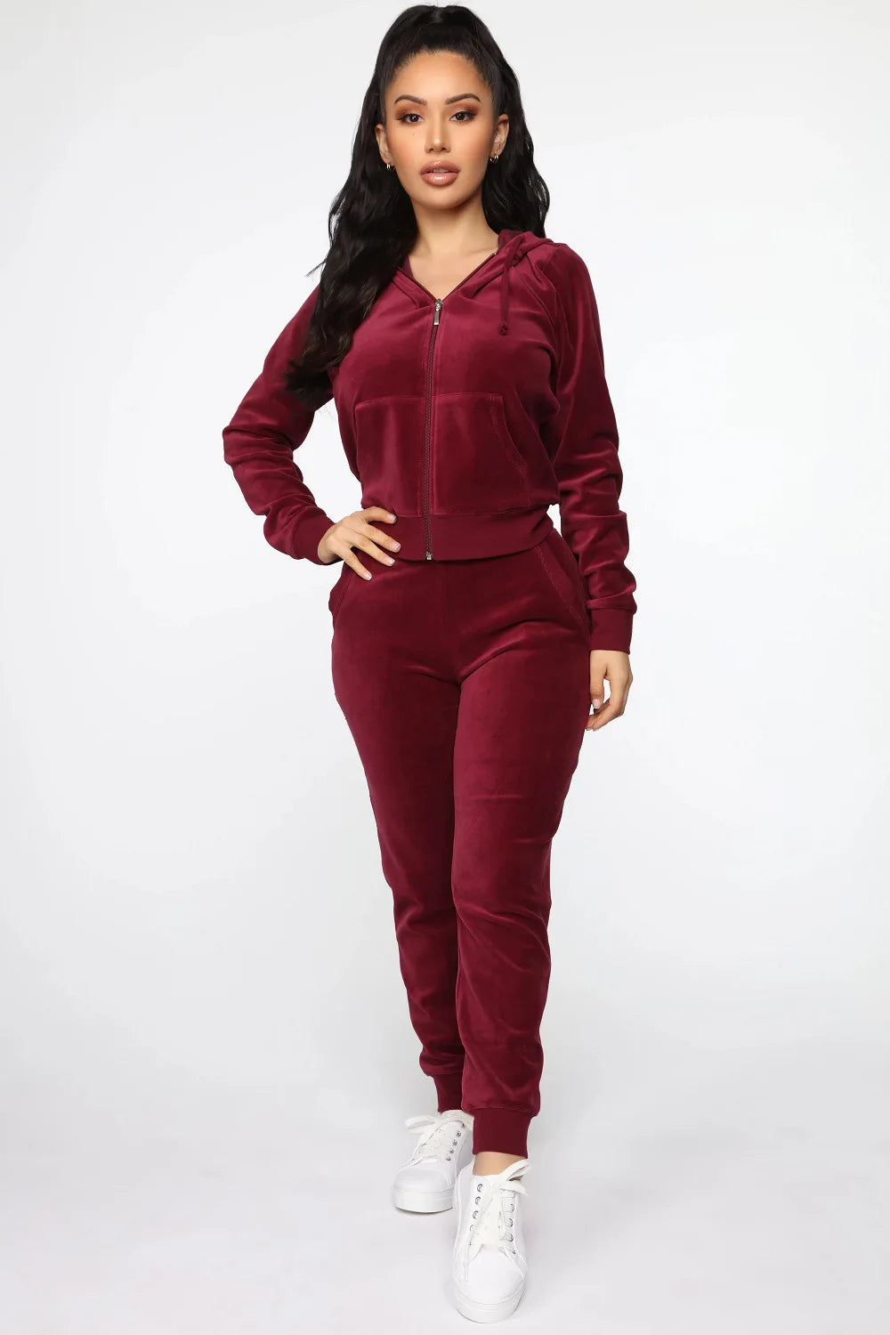 Women's Velvet Hooded Zipper Sweater Elastic Waist Trousers Two-piece Set Fashion Personality Trend Clothing Two-piece Slim Suit Street King Limited