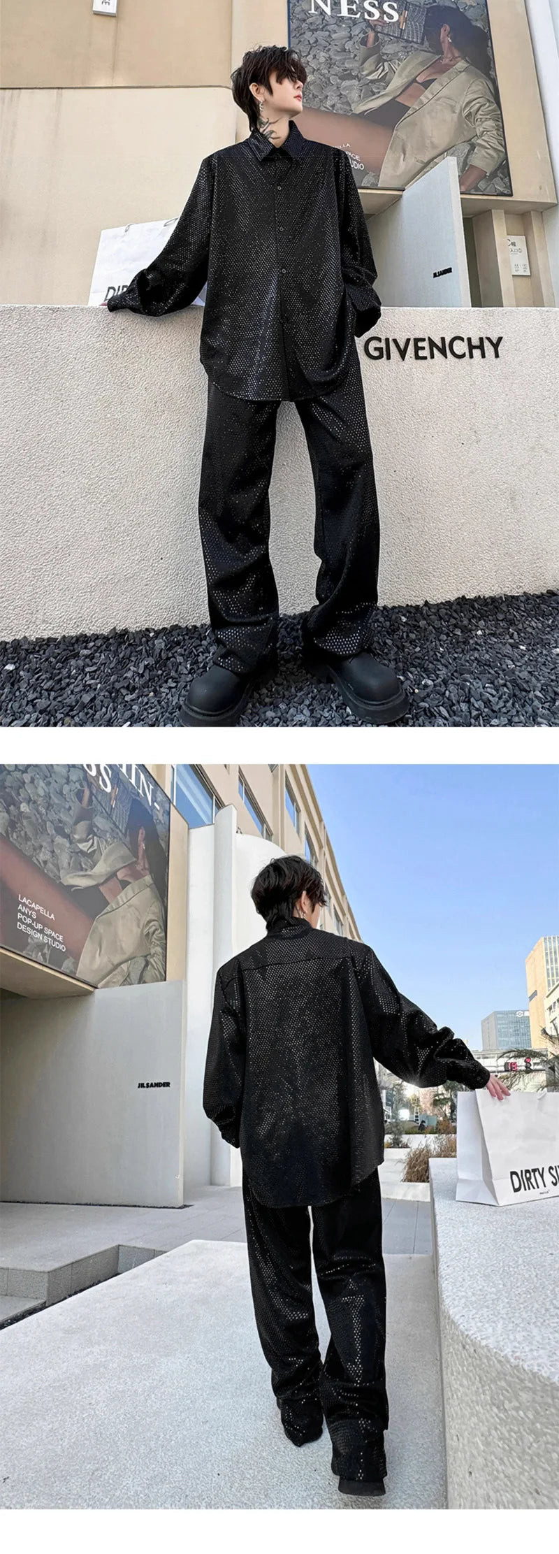 mens sequin 2 piece sets loose casual long sleeve shirt pant stage fashion party show clothing dress shirts trousers costumes unique default style 2766