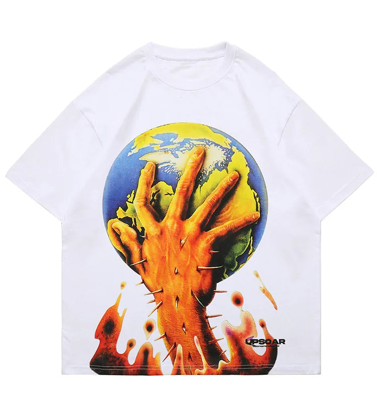 Aolamegs Men Horror Hand Earth Printed T-shirt Summer Gothic Hip Hop Style Tee Tops Cotton Oversized Short Sleeve Men's Clothing Street King Limited