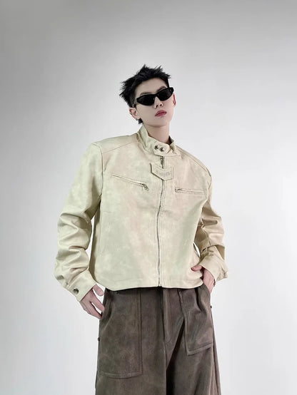 retro motorcycle pu leather jacket mens brown coffee short punk stand collar bomber coats spring high street racing suit new unique shorts style 3347