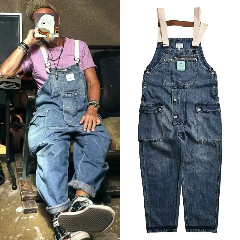 2023 men clothing chic denim overalls mens work cargo pants old school easy worker multi pocket bib jumpsuit denim pants combat utility trousers