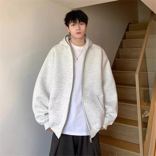 winter mens fleece zipper hooded sweatshirts 2025 new classic solid color oversized hoodies y2k streetwear outerwear tracksuit relaxed fit trousers