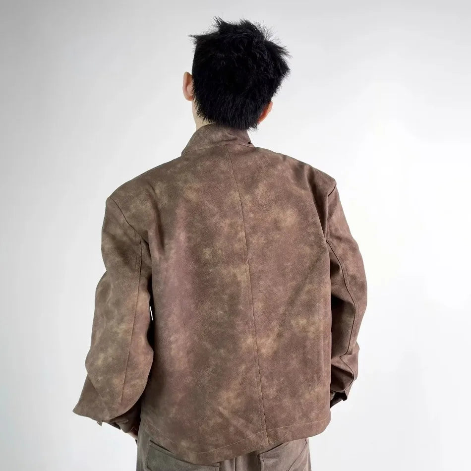 retro motorcycle pu leather jacket mens brown coffee short punk stand collar bomber coats spring high street racing suit new unique shorts style 3342