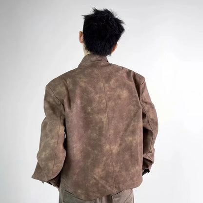retro motorcycle pu leather jacket mens brown coffee short punk stand collar bomber coats spring high street racing suit new unique shorts style 3342