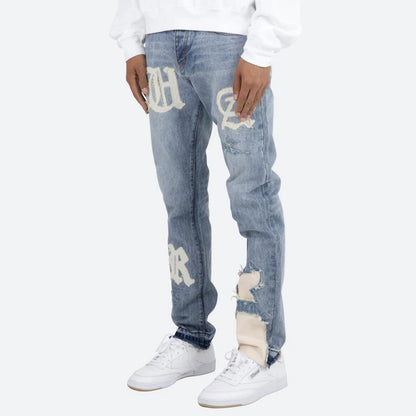 Vintage Washed Letter Embroidery Ripped Hole Blue Men's Jeans Straight Frayed Streetwear Hip Hop Loose Unisex Denim Trousers Street King Limited