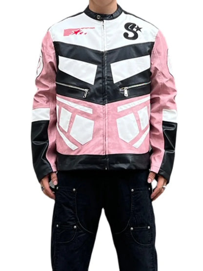 racing jackets fashion letter embroidery patchwork zipper jacket coats men hip hop pu lether outerwear casual streetwear jackets relaxed fit trousers