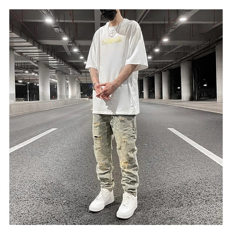 fashion paisy denim jeans mens destoryed holes zipper jeans pants hip hop streetwear new summer casual joggers loose jeans pants unique joggers style 1221