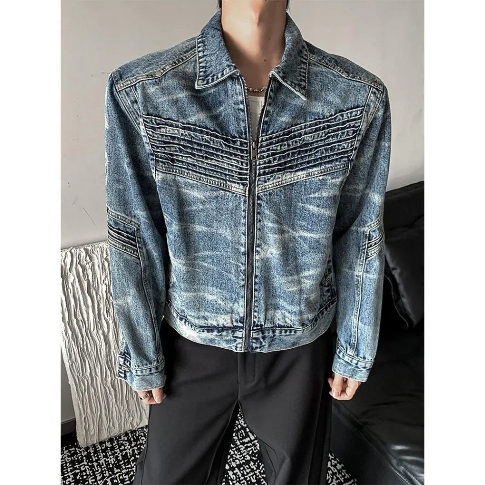 vintage washed mens denim jacket heavy weight high street contour pleat design cowboy coats short motorcycle hip hop outwear unique jeans style 3692