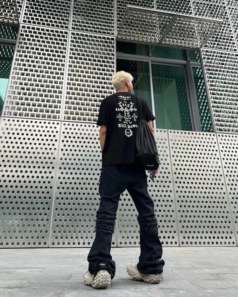 y2k streetwear trendy oversized micro flare jeans black ro hip hop washed tassel distressed denim jean raw edge mens wide pants unique jeans style 4773