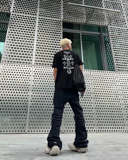 y2k streetwear trendy oversized micro flare jeans black ro hip hop washed tassel distressed denim jean raw edge mens wide pants unique jeans style 4773