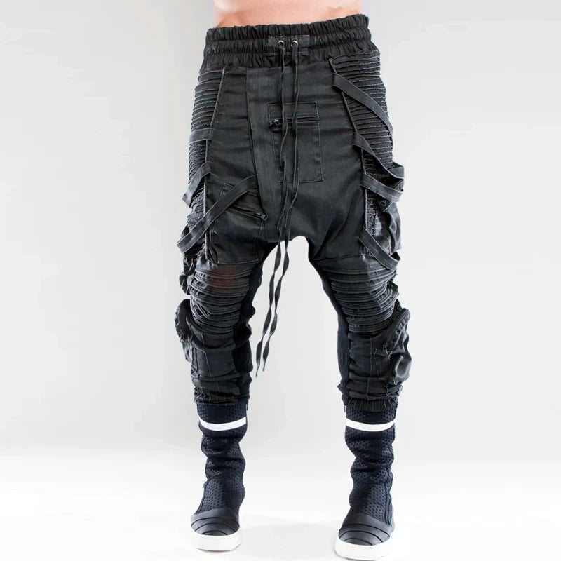 vintage motorcycle trousers joggers mens asymmetric straped pleated cross pants function elastic waist trousers streetwear sweatpants