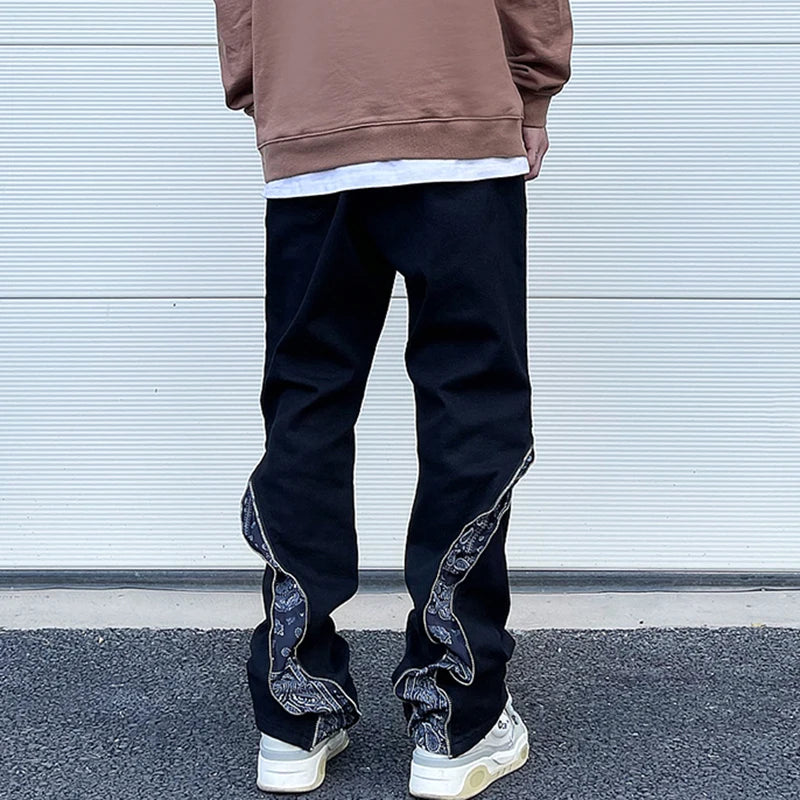 Curve Zipper Cashew Print Patchwork Jeans for Men Straight Black White Y2K Streetwear Casual Baggy Denim Trousers Oversized Street King Limited