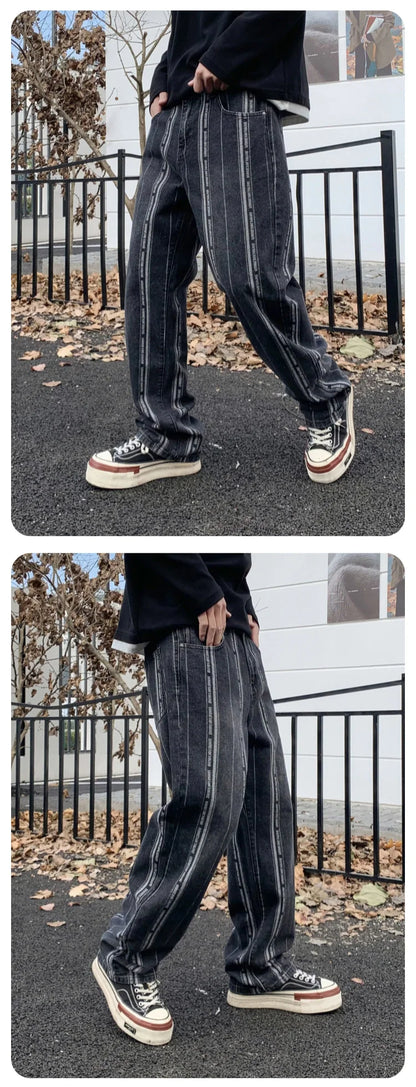 men streetwear brand fashion hip hop loose casual straight stripe motorcycle denim jeans pant cityboy y2k jeans trousers unique jeans style 2392