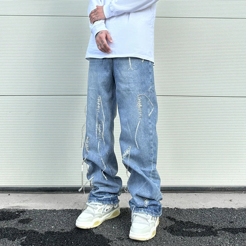 fashion loose streetwear denim jeans new casual wide legs straight jean pants hip hop tassel joggers baggy jeans men clothing unique joggers style 4889