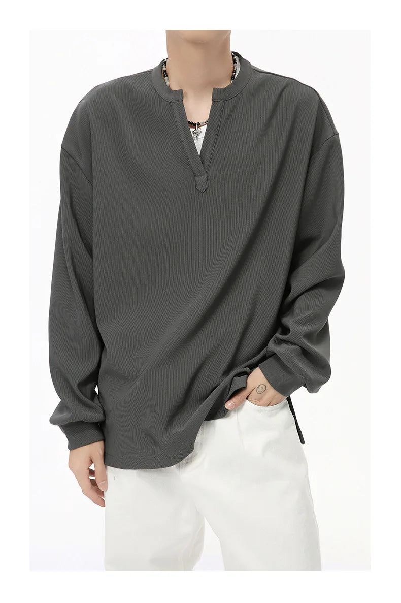 Men's  V-neck Long Sleeve T-Shirt Tops Clothing Autumn Korean Style Lazy Simple Solid Color Casual Pullover Bottoming Shirt Street King Limited