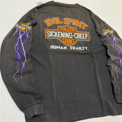 2024 Summer Retro Vintage EVILSPIRIT Thunder Print Washed Old High-Street Cotton Loose Long Sleeve T-Shirt Pullover  For Men Street King Limited