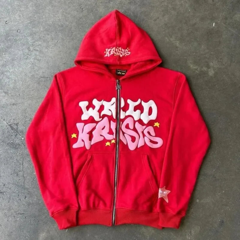Y2k Street Retro Letter Print Loose Casual Fashion Zipper Hoodie Women Harajuku Hip-hop Versatile Oversized Sweatshirt Men Street King Limited