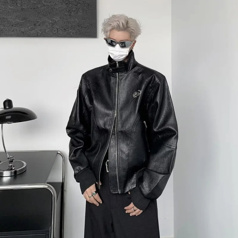 punk leather jacket mens spring standing collar trendy high street coats y2k streetwear hip hop motorcycle outwear 2024 new unique default style 2249