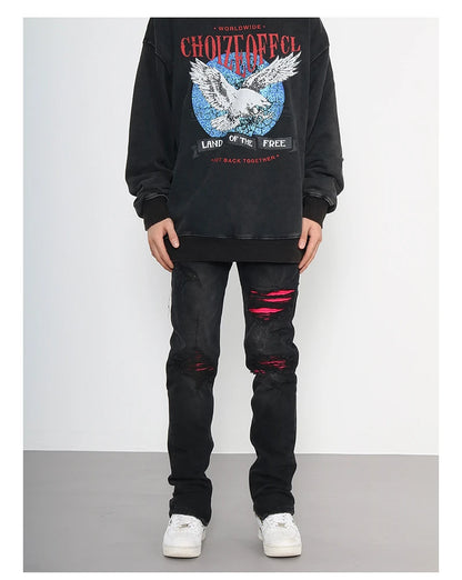 knee ripped patchwork jeans for men hip hop skinny biker taped jean trouser slim fit black denim pants fashion streetwear jogger unique joggers style 2004