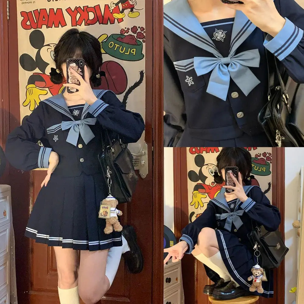 Student Union JK Uniform Sailor Suit Blue Skirt Long Sleeve Navy Collar Bow Tie Two Colors Two-piece Set Vitality Kawaii Street King Limited