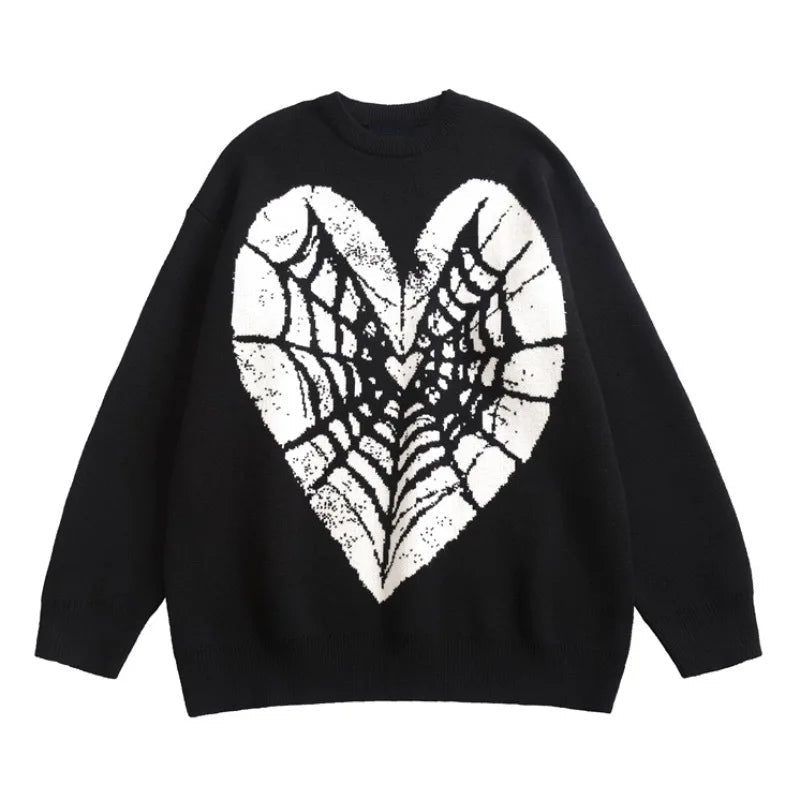 Hip Hop Knitted Sweater Men Winter O-neck Anime Spider Web Pattern Pullover Streetwear Casual Loose Sweater Warm Jumper Knitwear Street King Limited