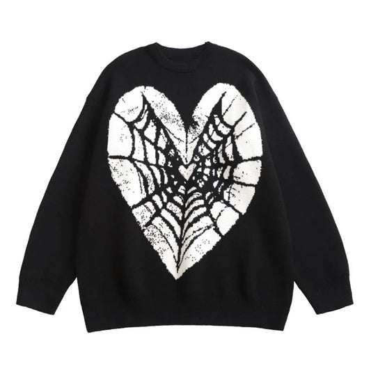 Hip Hop Knitted Sweater Men Winter O-neck Anime Spider Web Pattern Pullover Streetwear Casual Loose Sweater Warm Jumper Knitwear Street King Limited