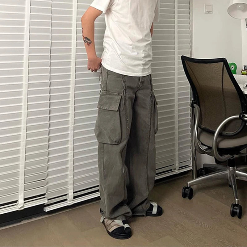 y2k streetwear tassel multi pocket jeans for men straight solid baggy cargo pants pantalones hombre casual denim trousers unique cargo style 892