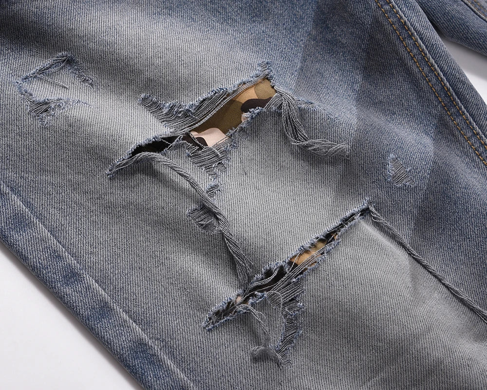 washed hole patchwork frayed blue baggy jeans mens straight y2k ripped pantalones hombre denim pants streetwear loose cargos multi-pocket cargos