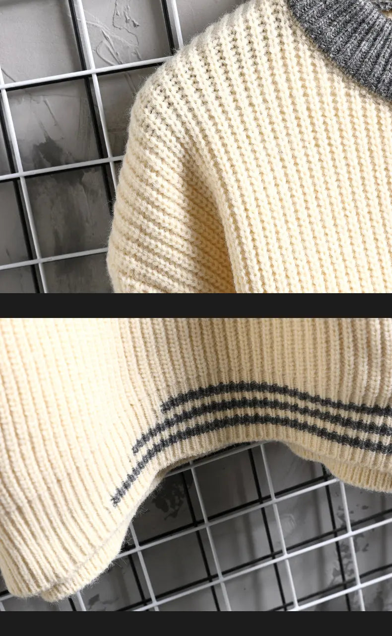 Autumn Winter Men Sweater Warm Top New Fashion Stitching Color Matching Pullover Round Neck Sweater Thickened Knitted Sweater Street King Limited