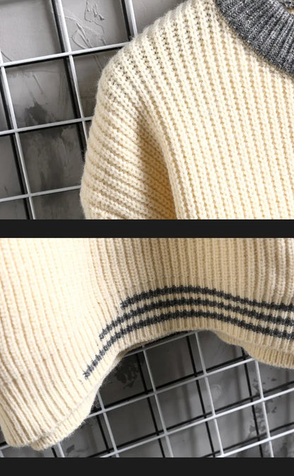 Autumn Winter Men Sweater Warm Top New Fashion Stitching Color Matching Pullover Round Neck Sweater Thickened Knitted Sweater Street King Limited