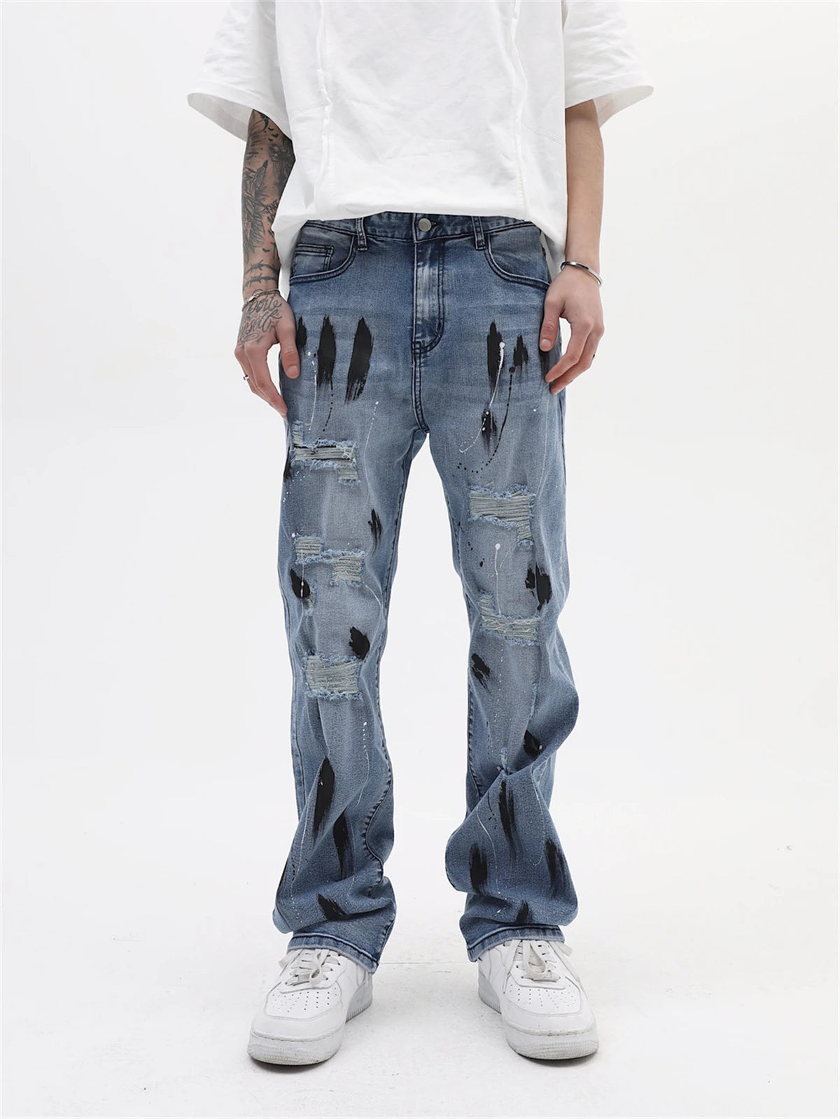 mens vintage jeans 2023 new ripped holes straight denim pants streetwear hip hop harajuku jeans trousers unique jeans style 3797