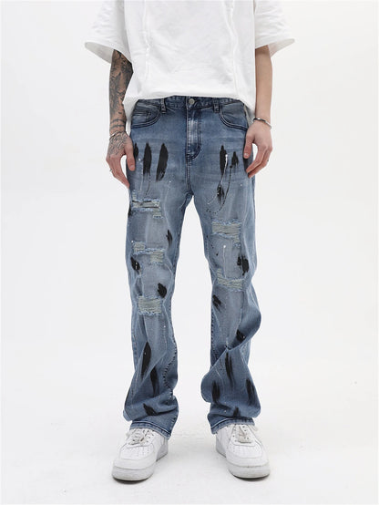 mens vintage jeans 2023 new ripped holes straight denim pants streetwear hip hop harajuku jeans trousers unique jeans style 3797