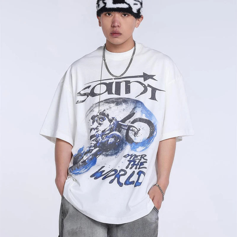 Black White Blue SAINT T-shirt Men Woman Good Quality Vintage Cartoon Pattern Printing Loose Casual Top Tees Street King Limited