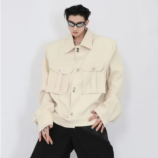 trendy high street jacket mens unisex metal button shoulder pad short coats multi pocket punk hip hop loose outwear oversized unique shorts style 3553