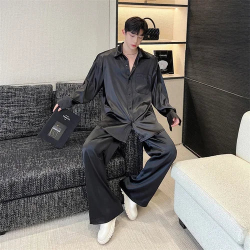 men silk style streetwear fashion loose casual long sleeve shirts pants 2 pieces sets male vintage suits blouses trousers unique default style 2759