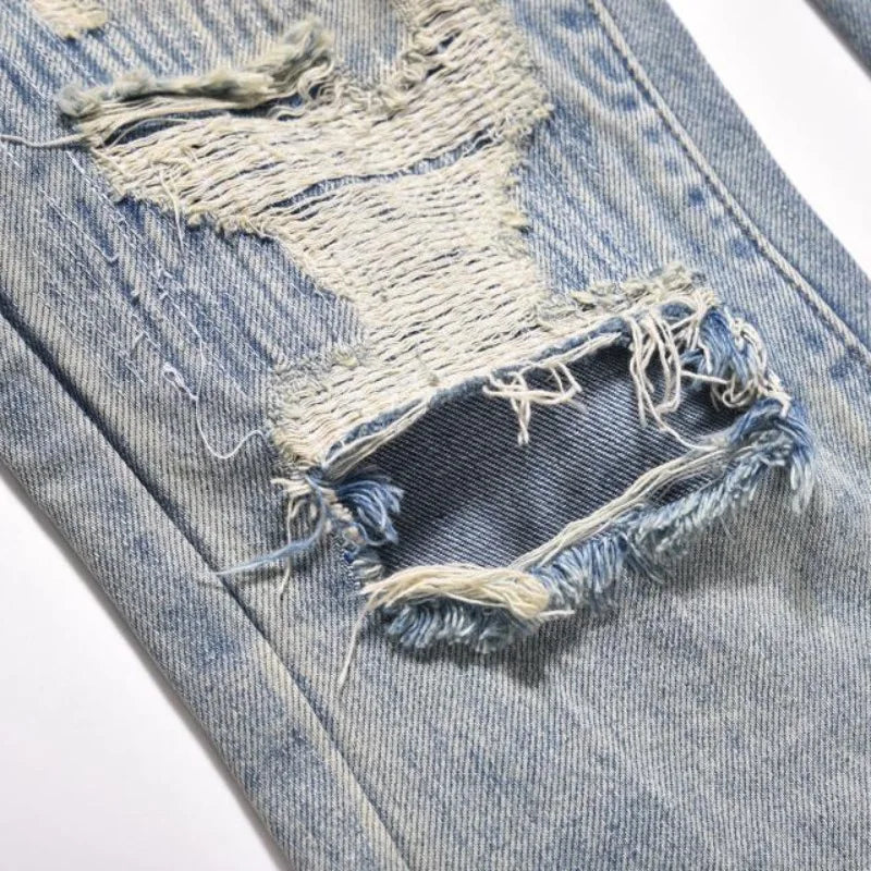 mens high street denim jean pants new casual blue slim ripped holes straight zipper jeans trousers hip hop streetwear joggers unique joggers style 5229