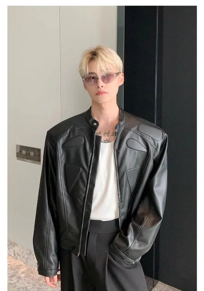 high street motorcycle pu leather jacket men hip hop trend shoulder padded coat street fashion stand collar zipper short outwear unique shorts style 1956