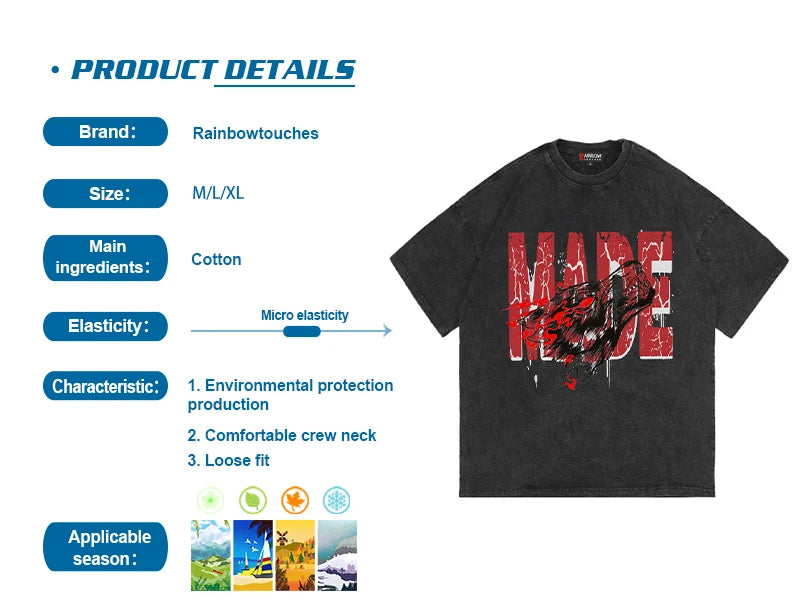 Rainbowtouches 2022 New Brand Mens  Vintage T-Shirt High Street Tidal Current Letter Design Mens T Shirt Men Hip Hop Women Shirt Street King Limited